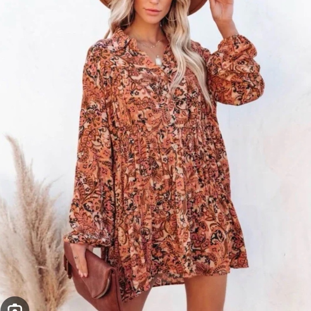 Vici Anthropologie Button Down Pleated Mini Dress Size: Small Boho Paisley Tunic